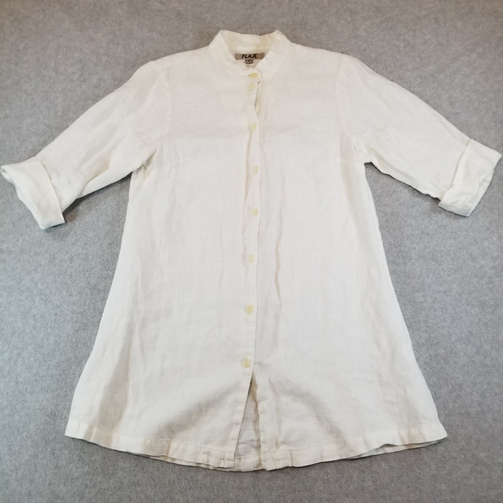 FLAX Dress Womens Petite White Linen Button Up Tunic Band Collar Lagenlook Boho
